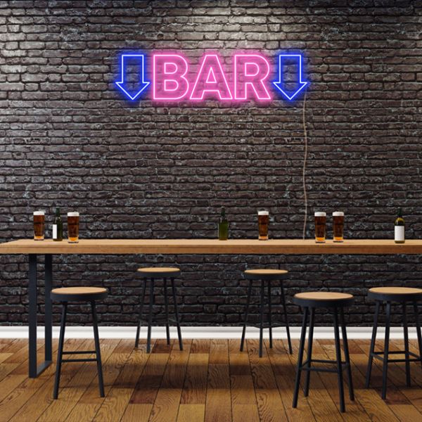 Bar Sign with Arrows on brick wall - design by Custom Neon