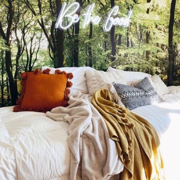 Be The Good white lightup sign on nature aesthetic wallpaper by CUSTOM NEON® @construction2style