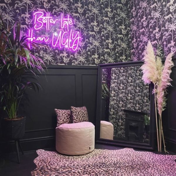 Better Late Than Ugly CUSTOM NEON® sign on salon wall  @thelittlevictorianhouse