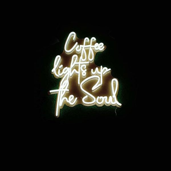 Coffee Lights Up The Soul LED neon sign on acrylic backboard from CustomNeon.co.uk