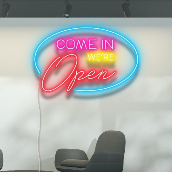 Come In We're Open LED Neon Flex sign in multiple colours and fonts - from CustomNeon.co.uk