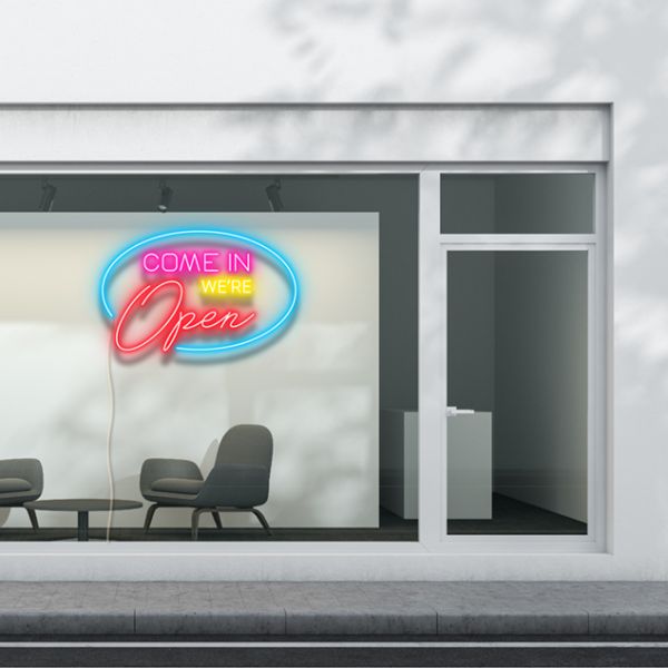 Come In We're Open LED Neon Flex sign in multiple colours and fonts shown in reception area - from CustomNeon.co.uk