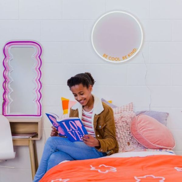 Be Cool Be Kind Mint Pink & Orange Neon Art in a teen's bedroom @customneon Signs of Change charity range