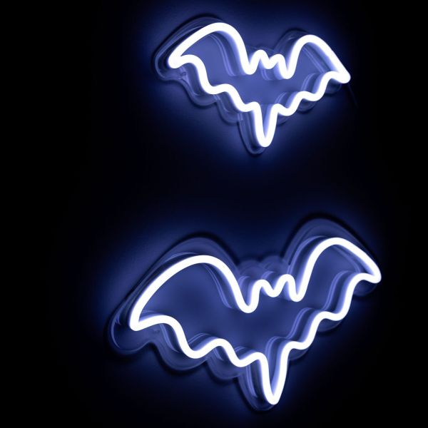 Custom Neon® Halloween bat signs shown in white LED neon.