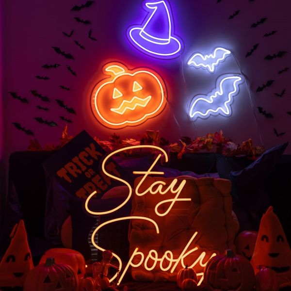 Custom Neon® Halloween lightup signs and art: purple witch's hat, bats & Stay Spooky quote sign