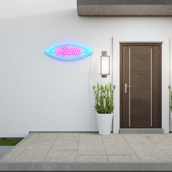 Custom Neon® outdoor sign: Aloha  Surboard shown wall mounted near the front door of a house
