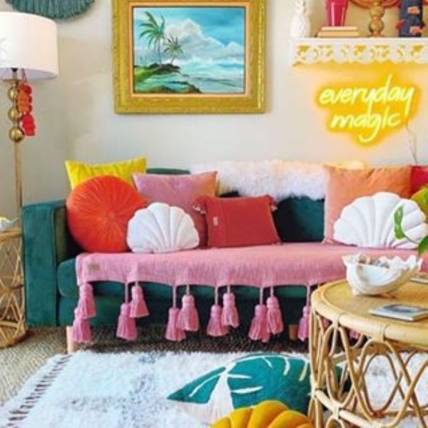 Everyday Magic LED neon light in lemon yellow shown turned on in a living room - made by @CustomNeon for @sare_xo_home