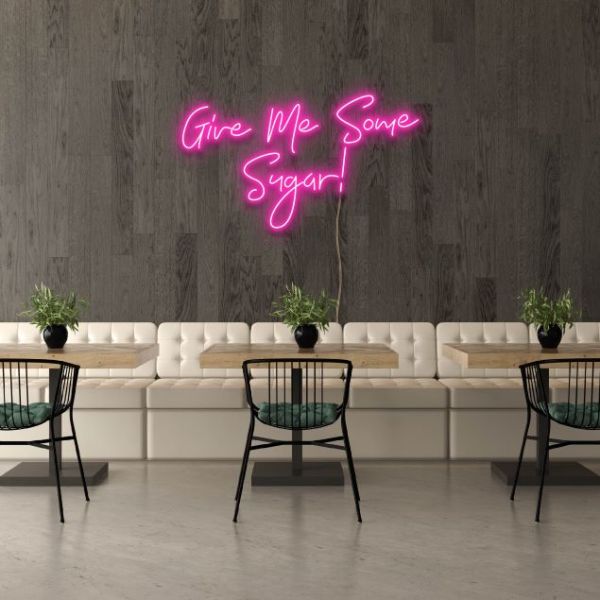 Give Me Some Sugar lighted wall art in pink on a cafe wall - from Custom Neon®
