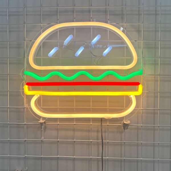 Custom Neon® LED neon Hamburger sign attached to a wire frame