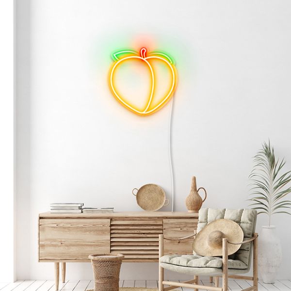 Multi-colored Peach Emoji 
 pre-designed light-up wall art from Custom Neon®
