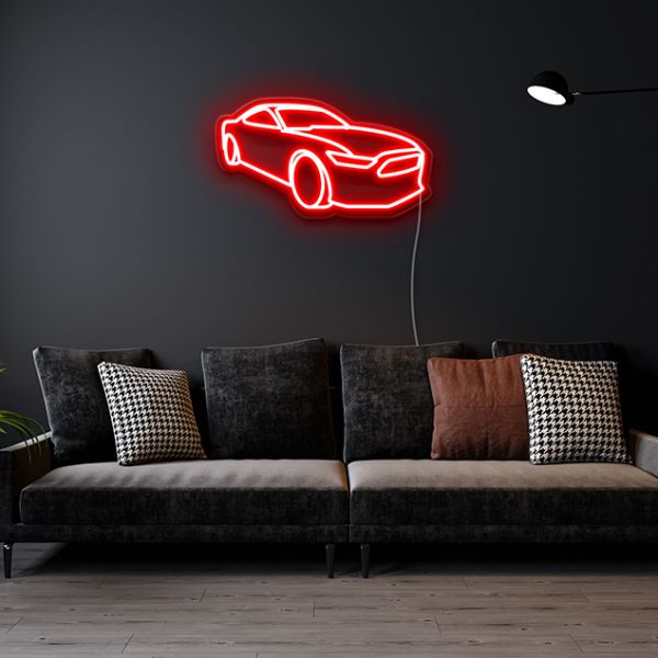Mustang CUSTOM NEON®  Classic Car Sign in red on dark wall above a couch