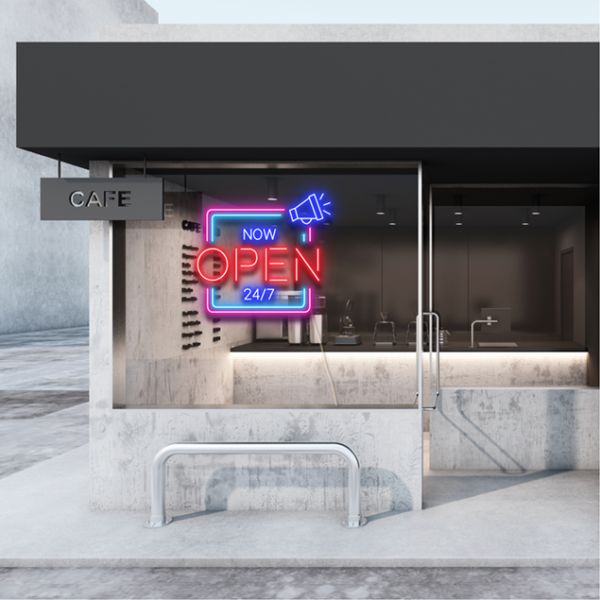 NOW OPEN 24/7 LED Neon Multi-Colour Open Sign in Square Frame - from CustomNeon.co.uk