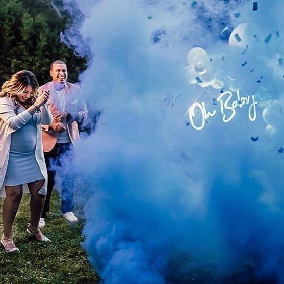 Oh Baby white LED neon sign shown at a gender reveal party @CustomNeon