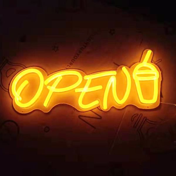 Open sign in yellow LED neon flex with a cup from Custom Neon®