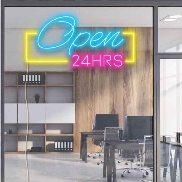 Open 24HRS Neon Light in yellow, blue and pink - from CustomNeon.co.uk