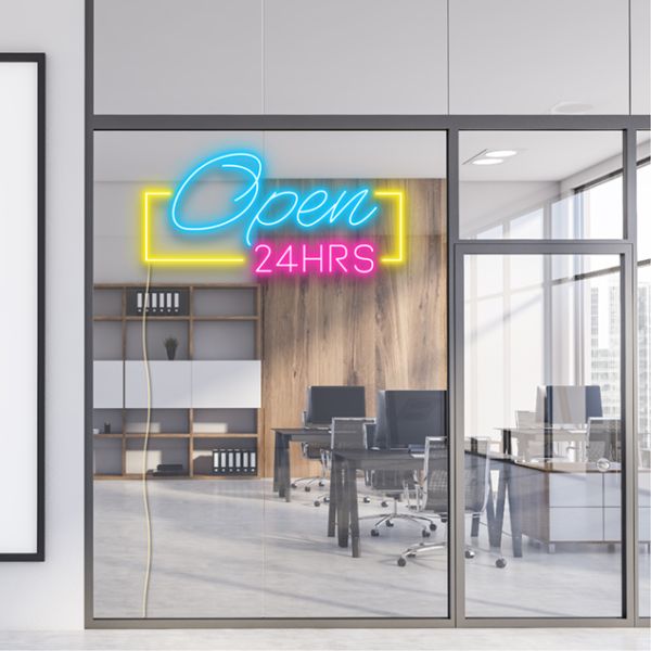Open 24HRS LED Neon Light shown in office window - from CustomNeon.co.uk