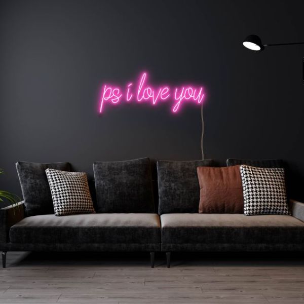 PS I Love You pink neon flex sign show as well art in a living room - design by Custom Neon