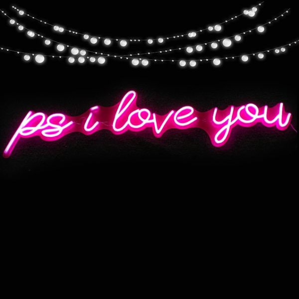PS I Love You pink neon flex sign on an acrylic backboard cut around - from Custom Neon
