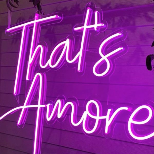 That's Amore dark pink Custom Neon® sign shown against a paneled wall - photo @champsandbonbons
