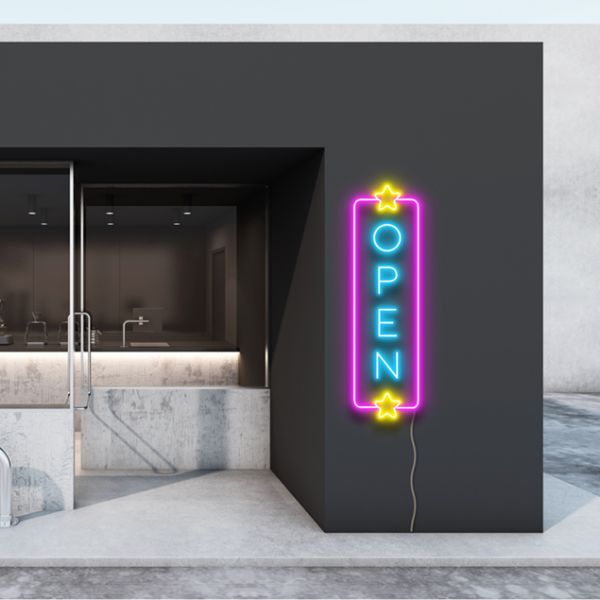 Vertical LED neon outdoor open sign with emoji style stars at both ends - from CustomNeon.co.uk