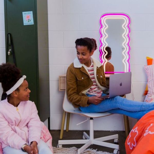 Squiggly Mirror in pink & white LED neon flex on silver mirrored backing by CUSTOM NEON® 