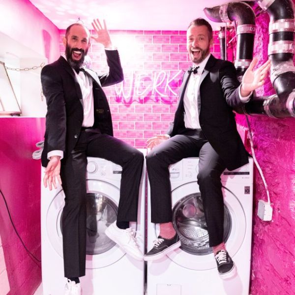 WERK CUSTOM NEON® sign on pink tiled laundry room wall @brownstoneboys