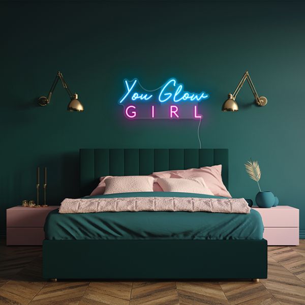 You Glow Girl LED Neon Sign in blue & pink on teal bedroom wall - CUSTOM NEON®