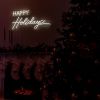 CUSTOM NEON® Happy Holidays light sign above the fireplace surrounded by Christmas decor