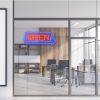 Light Up Open Sign with Arrow in Rectangular Frame   shown on an office window - from CustomNeon.com