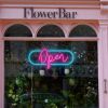 LED Neon Flex open sign in a modern cursive font surrounded by an oblong frame shown in a florist's shop window - from CustomNeon.co.uk