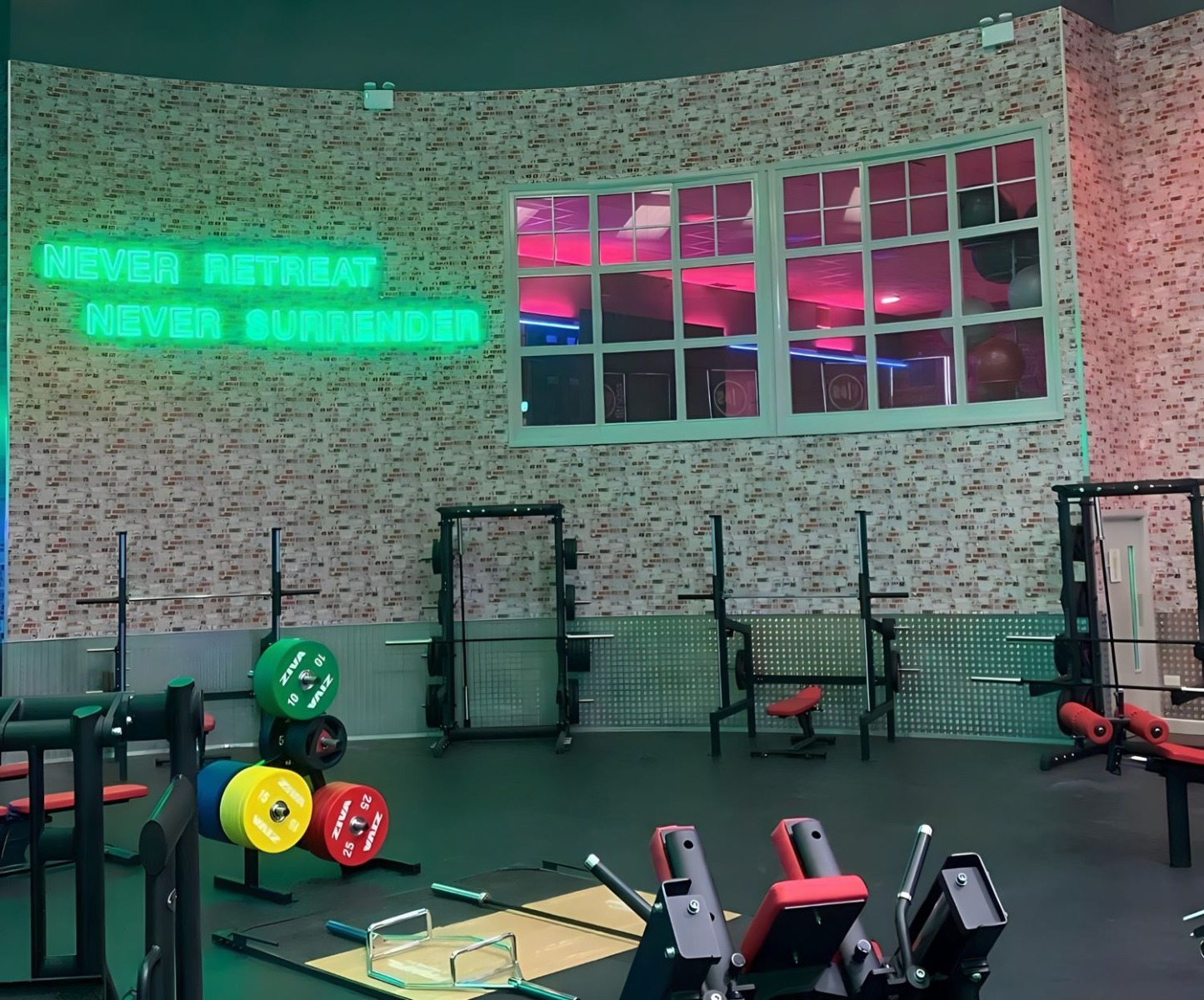Never retreat never surrender large green Custom Neon® motivational gym sign @247fitnesssheffield