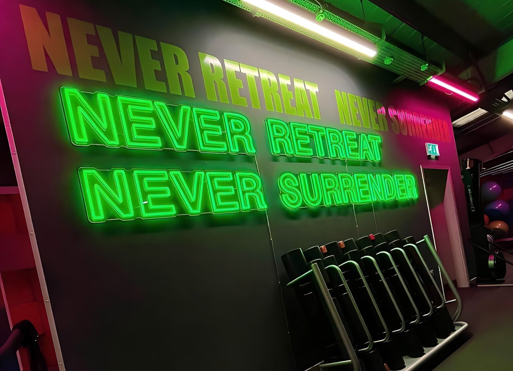 Custom Neon® green Never Retreat Never Surrender motivational quote sign @247fitnessyork