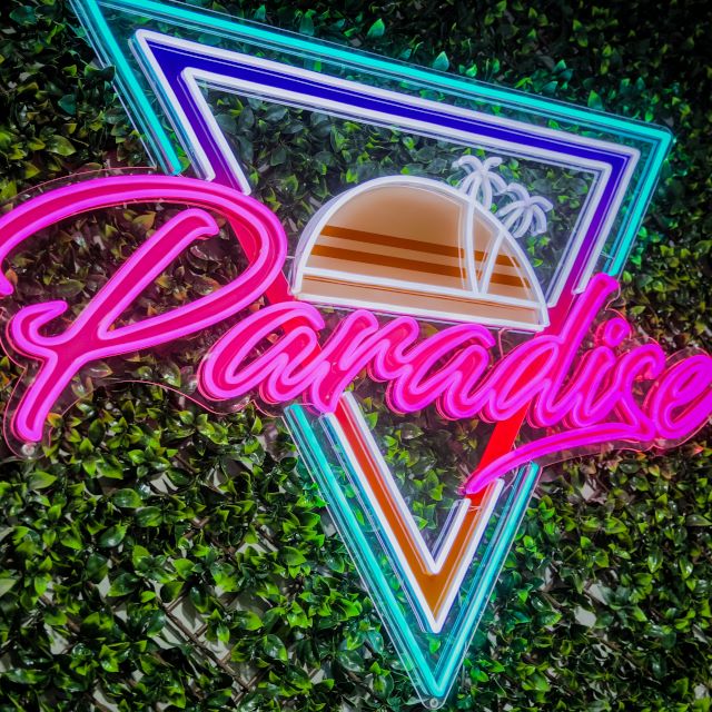 Custom Neon® colourful Paradise logo sign with UV print artwork and inserts on a grasswall @_paradise_gym