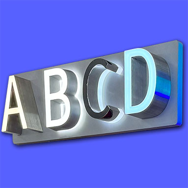 Front & Back Lit sign with metallic returns on silver metallic backing panel