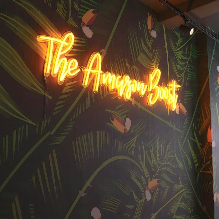 Custom Neon® yellow LED neon tagline sign @acaiberryfoods on Kensington High Street