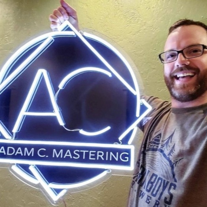 Custom Neon® music mastering logo sign in white LED neon on black backing @adamcmastering