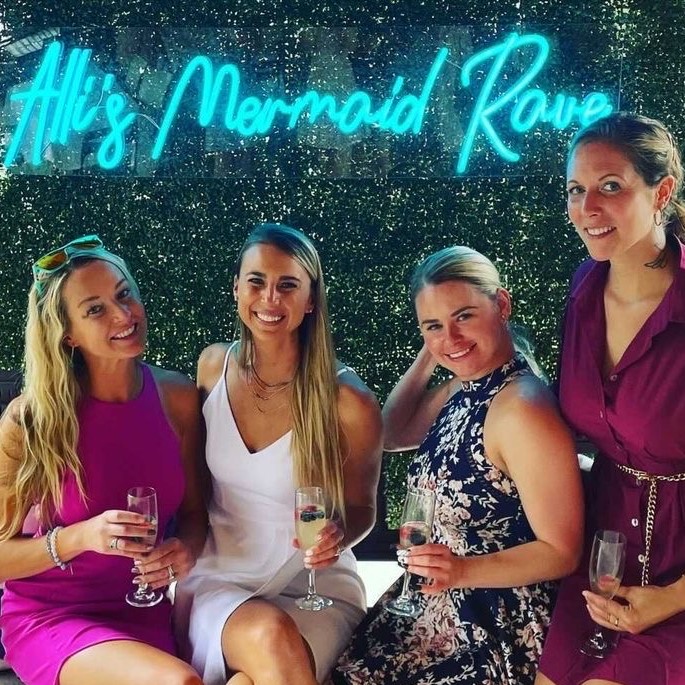 Custom Neon® tropical blue personalized sign on clear rectangle acrylic