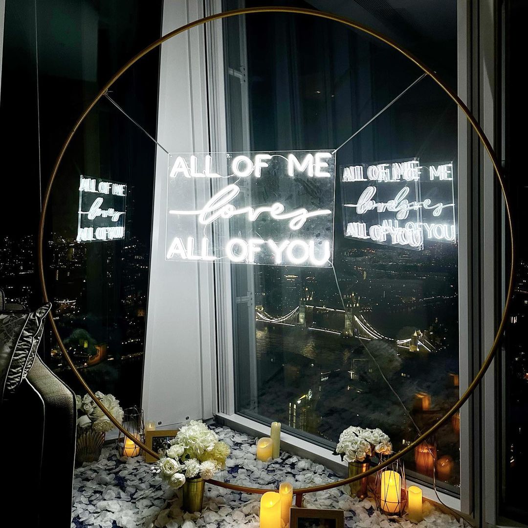 All of Me Loves All of You Custom Neon® sign  @theproposers in The Shard with a view of Tower Bridge