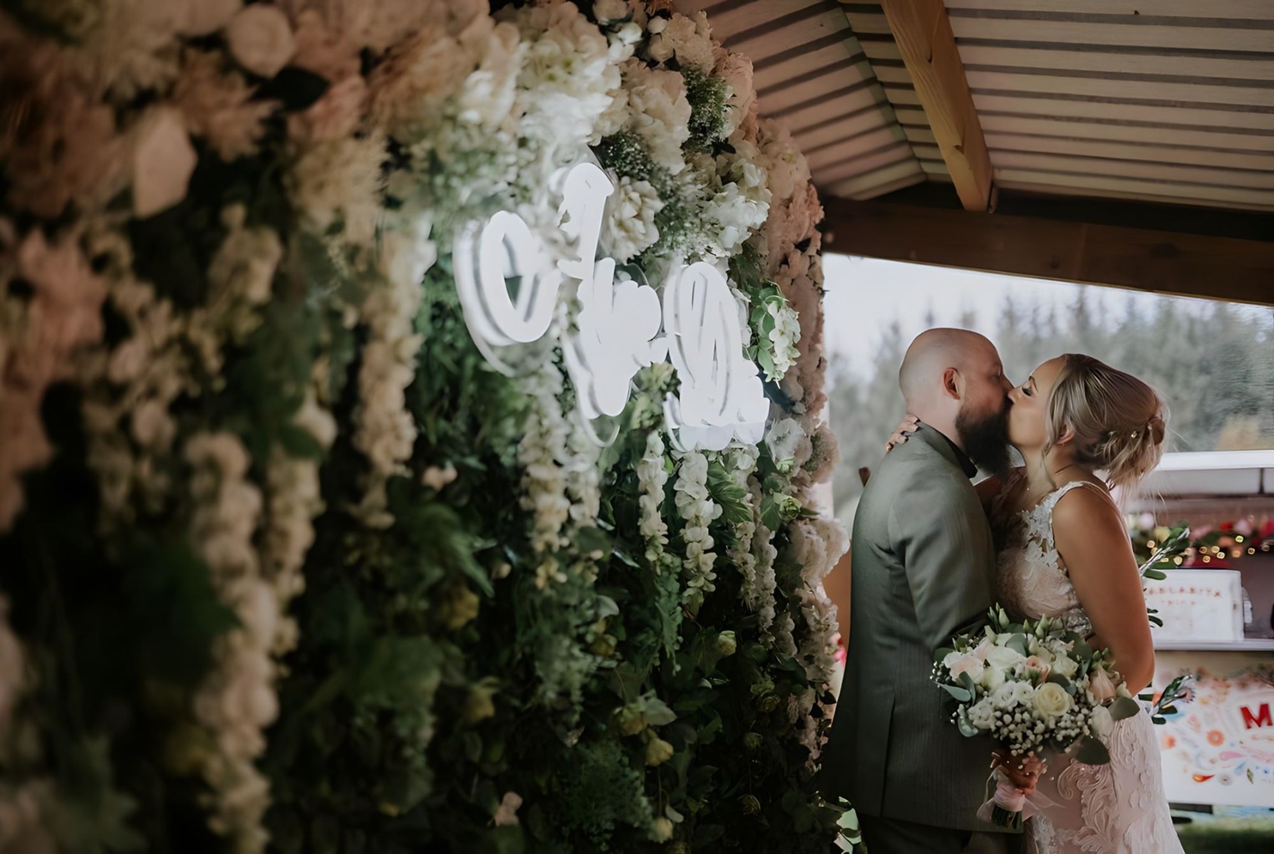 Aye Do Custom Neon® wedding sign on floral wall @edenleisurevillage