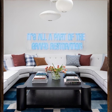 Blue Custom Neon® sign on white living room wall @bpatrickflynn