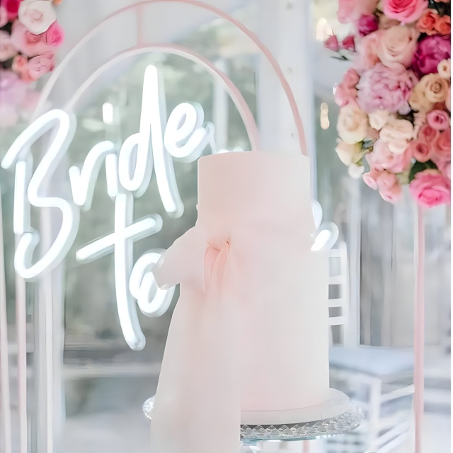 Custom Neon® white Bride to Be sign hung from a pale pink frame surrounded by roses with a beribboned cake in the foreground - event decor by @decorandfiesta