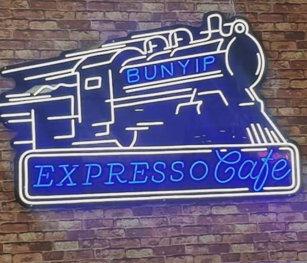 Blue & white & black Custom Neon® logo @bunyipexpressocafe