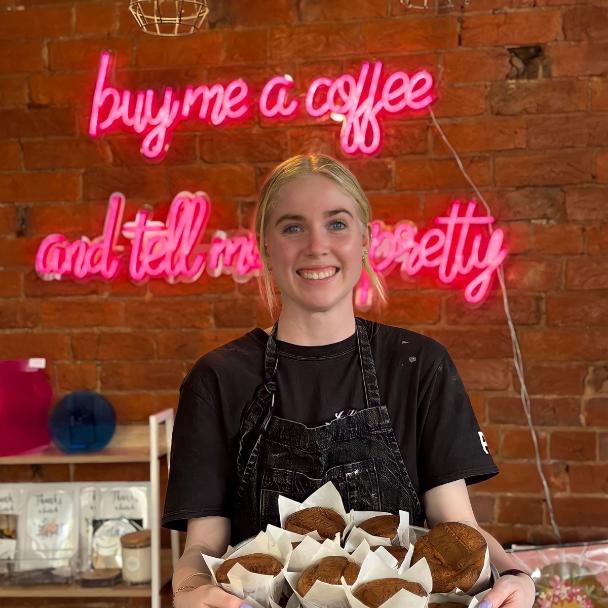 Buy me a coffee and tell me I'm pretty Custom Neon&reg; selfie backdrop sign in pink on red brick wall @csc_dubbo