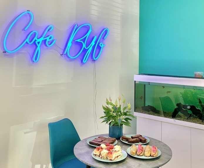 Blue Custom Neon® office breakroom sign @bygsystems.com