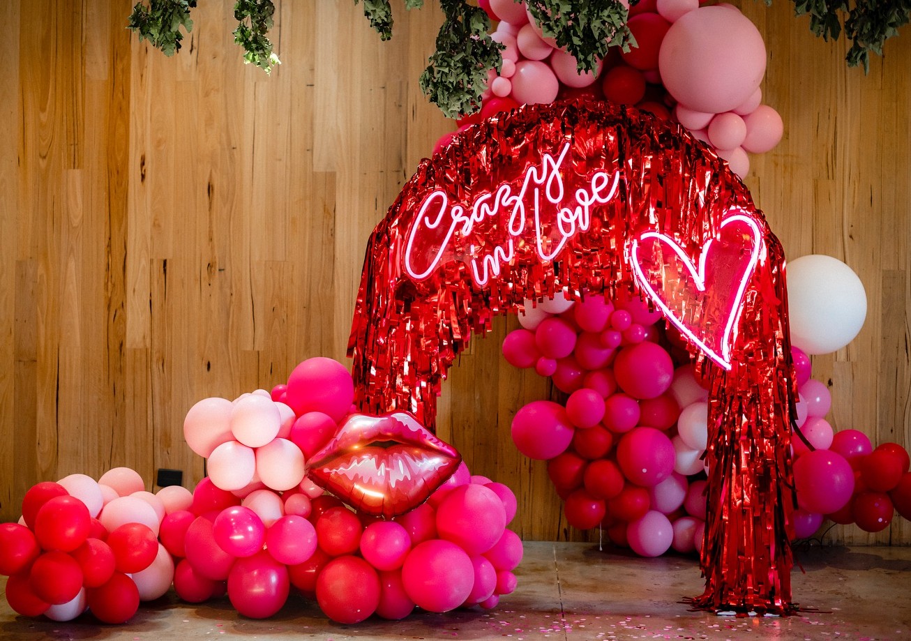 Custom Neon® Crazy in Love sign and LED neon heart as part of a wedding selfie station venue @thewarehousegeelong styling @styleourparty photo @nicstephensphotography