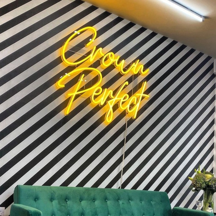 Yellow Custom Neon® hair salon name sign @crownperfect.uk