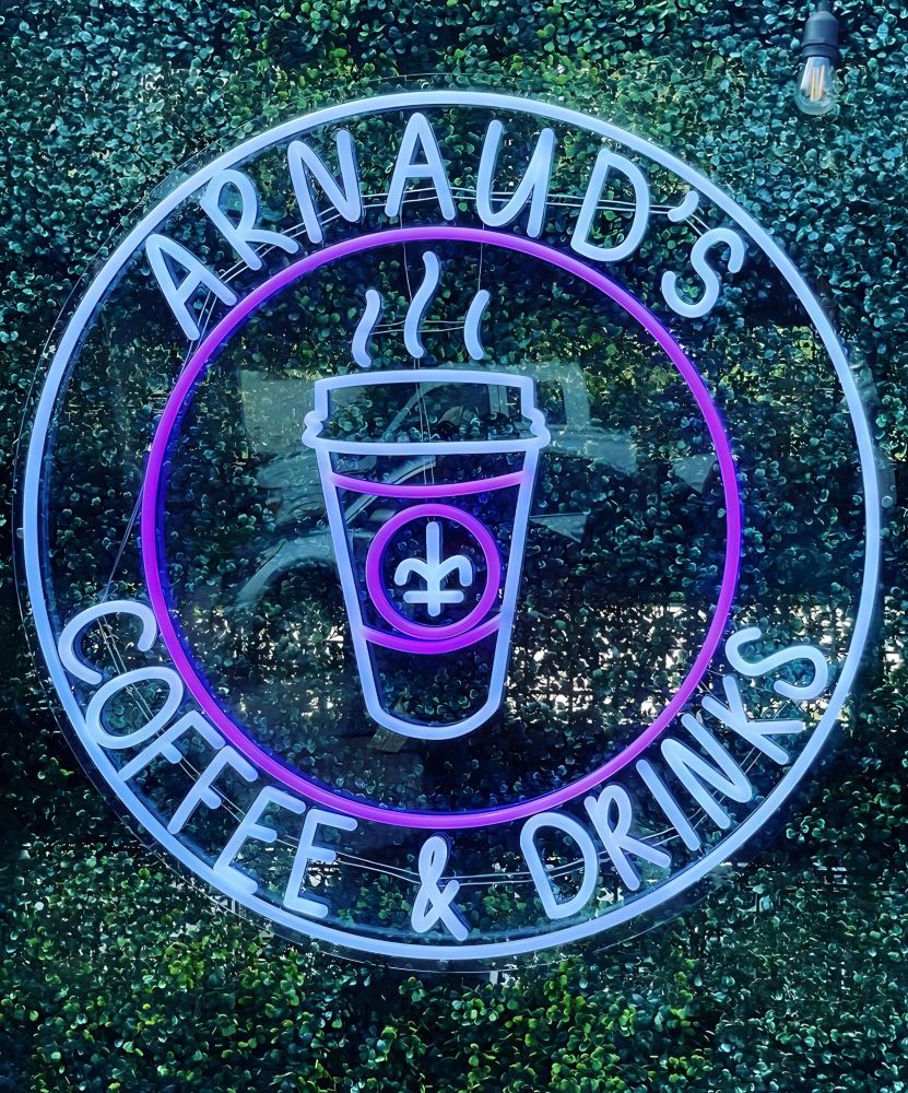 Purple & white outdoor logo sign @arnaudscoffee by Custom Neon® 