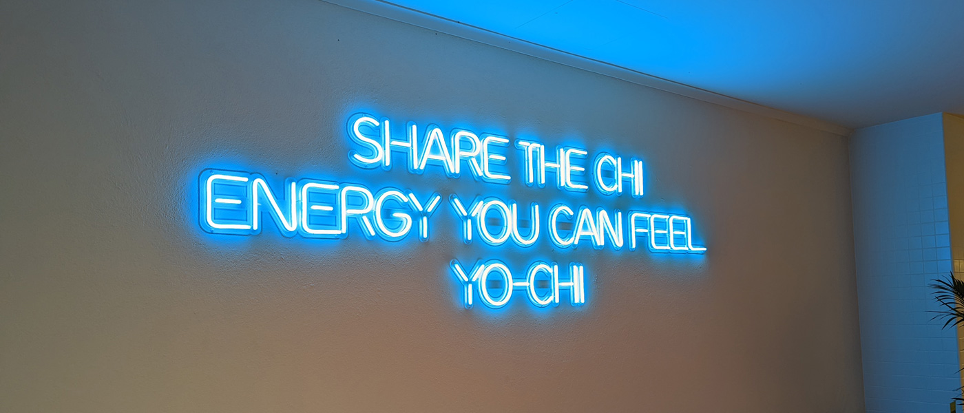 Large blue branded wall sign by Custom Neon&reg; @iloveyochi Adelaide SA