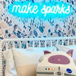 Light blue Custom Neon® girls bedroom sign on wallpaper @denafeintuchinteriors
