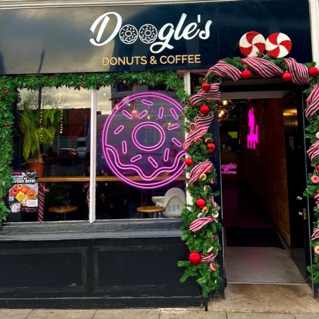 Pink bakery window wall art by Custom Neon® @dooglesdonuts